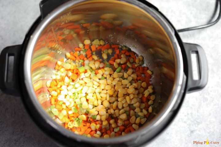 Sweet Corn Soup Instant Pot - Add veggies to pot