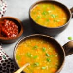 Easy & comforting Instant Pot Sweet Corn Soup. This lightly spiced Indo-chinese soup is perfect for the cold weather. This is a vegan & gluten free soup! #cornsoup #soup #instantpot #pressurecooker #vegan #glutenfree #pipingpotcurry | pipingpotcurry.com
