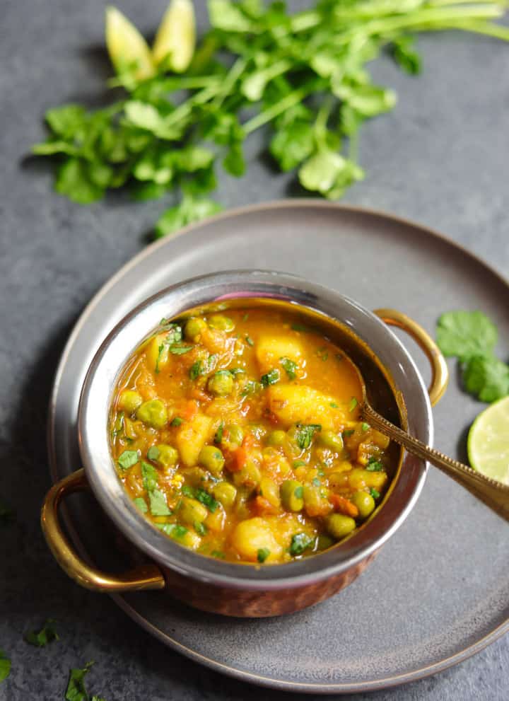 Aloo Matar made in instant pot served in a bowl