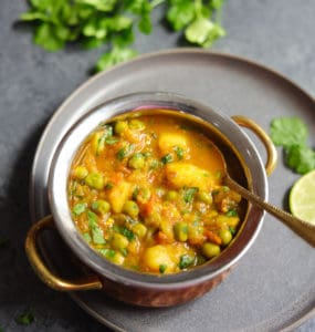 Aloo Matar made in instant pot served in a bowl