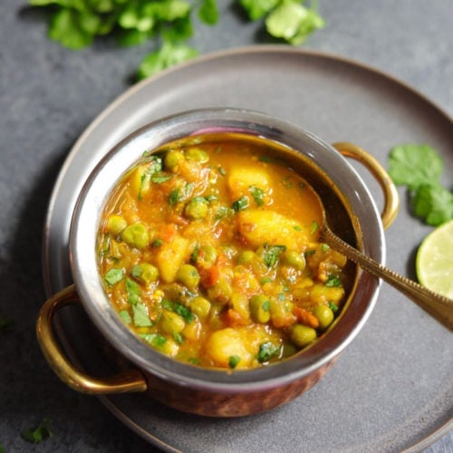 Aloo Matar made in instant pot served in a bowl