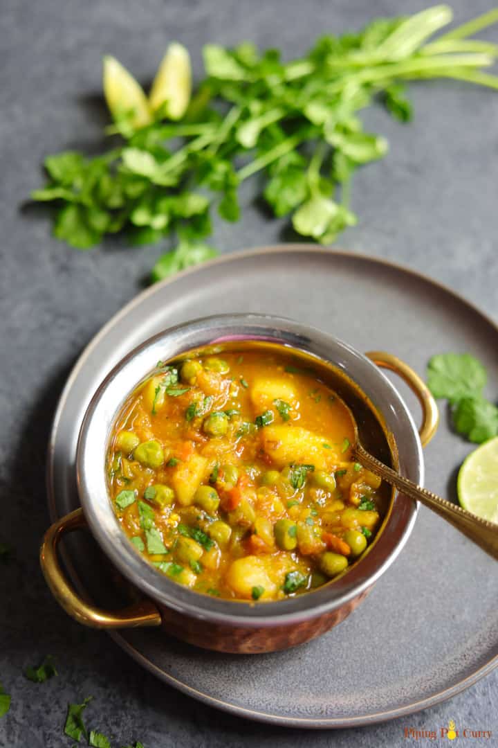 Aloo Matar made in instant pot served in a bowl 
