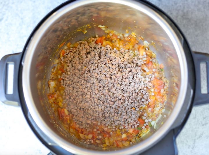 Whole Masoor Dal in Instant Pot Step 3 add rinsed brown lentils