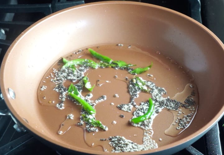 Rava Dhokla Instant Pot - Piping Pot Curry-8 Tempering for Rava Dhokla being made in a pan
