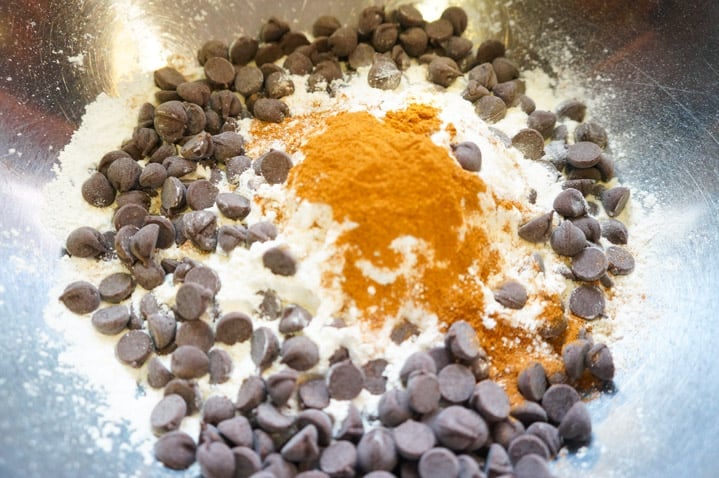 Dry ingredients in a bowl to make Chocolate Chip Zucchini muffins