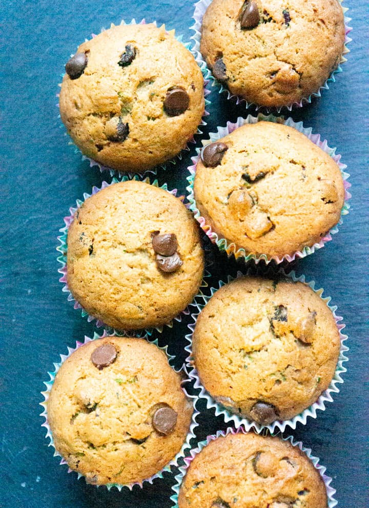 Chocolate Chip Zucchini Muffins on a serving platter