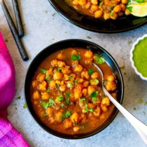 Chana Masala (Chickpea curry) served in a black bowl