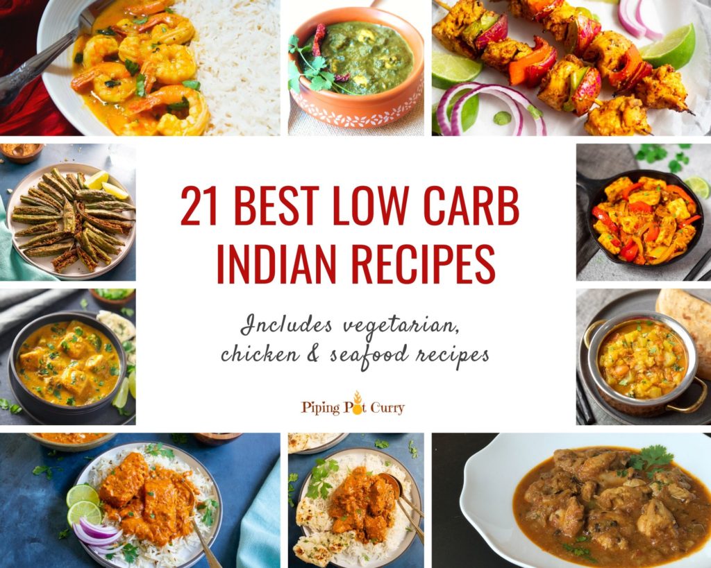 Collage of low carb indian recipes which includes vegetarian, chicken and seafood recipes