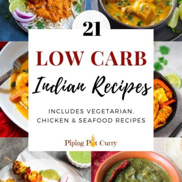 Collage of low carb indian recipes which includes vegetarian, chicken and seafood recipes