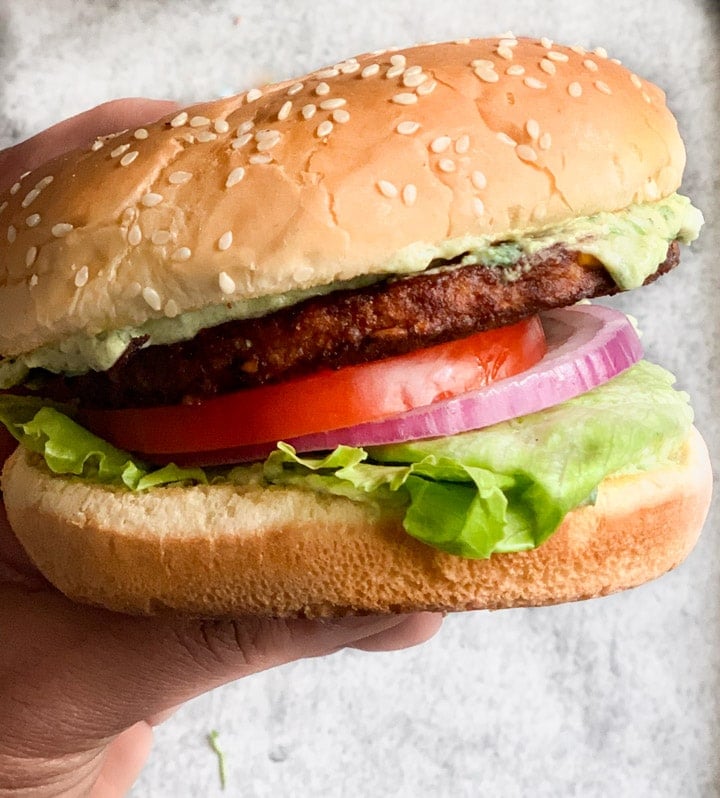 closeup shot of Spicy Black Bean Burger on hand