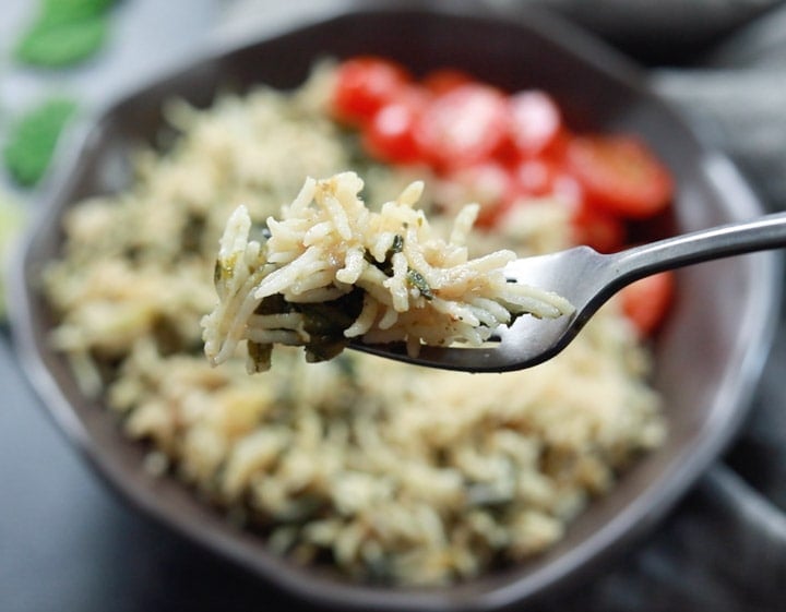 Spinach Rice closeup in a fork
