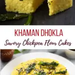 Khaman Dhokla with tempered with green chili and curry leaves stacked and another photo in a white plate