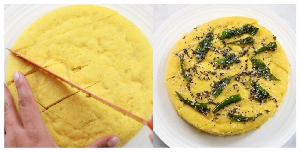 Khaman pieces cut and garnished with tempering