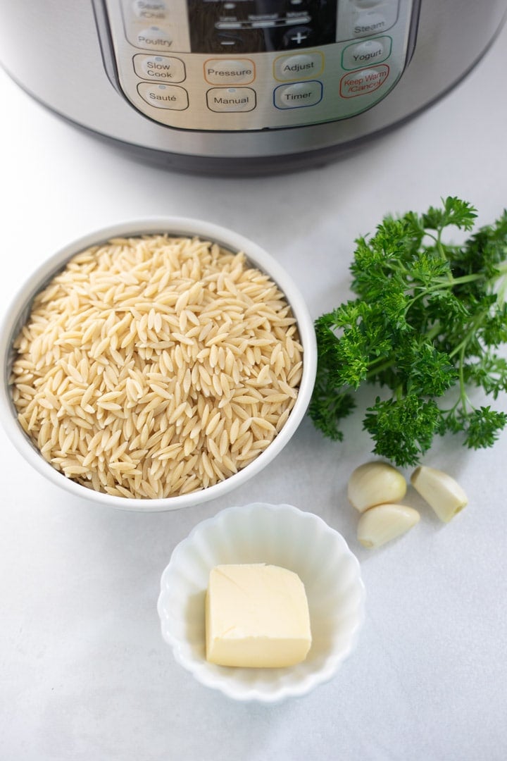 Ingredients to make Garlic Parmesan Orzo in instant pot