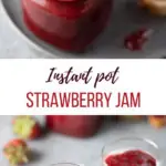 Spoonful of Strawberry jam from a glass jar on top and yogurt topped with strawberry jam in 2 glasses on the bottom