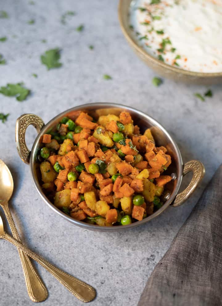 Aloo Gajar Matar (Potato, Carrots & Peas) in a bowl