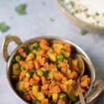 Aloo Gajar Matar (Potato, Carrots & Peas) in a bowl
