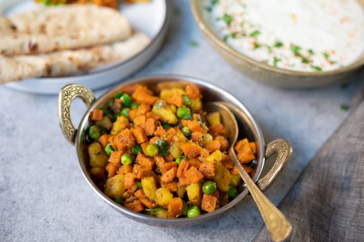 Aloo Gajar Matar (Potato, Carrots & Peas) in a bowl