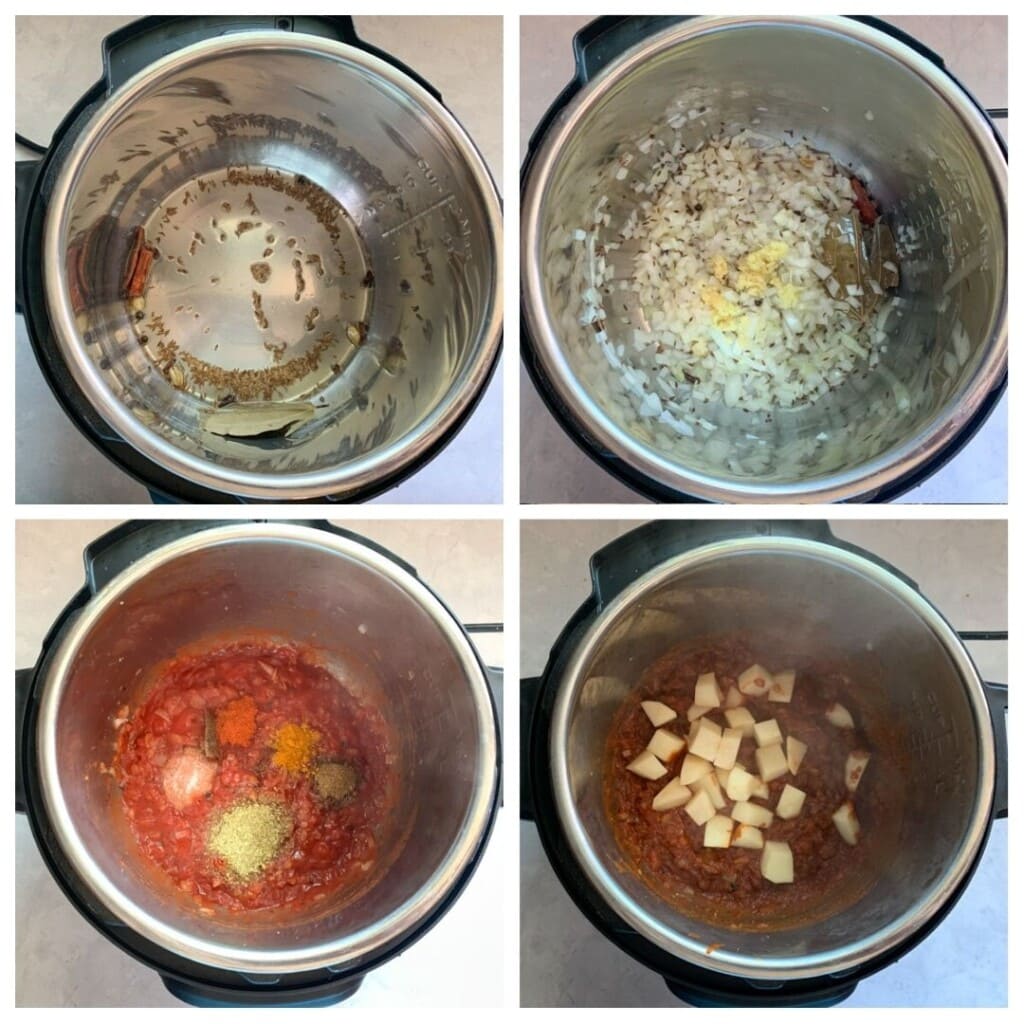steps to cook a curry with onions, tomatoes and potatoes in the instant pot