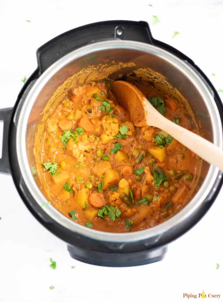 Vegetable Curry in an instant pot with a ladle 