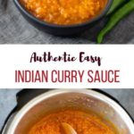 Curry sauce in a black bowl and in the instant pot