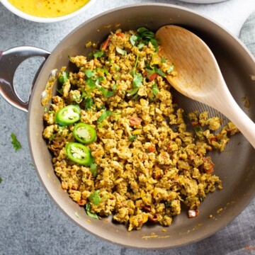 Anda bhurji / scrambled egg curry in a pan