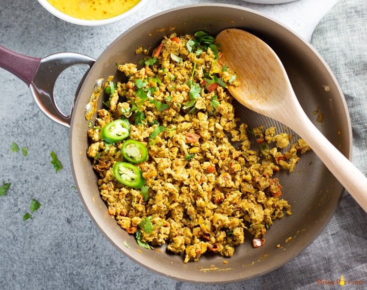 Anda bhurji / scrambled egg curry in a pan