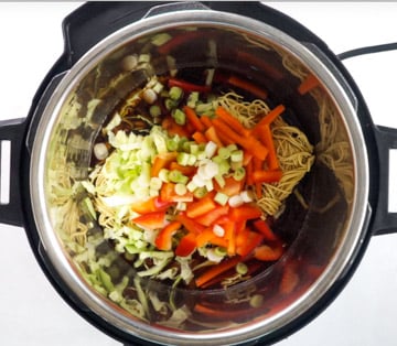 Vegetables topped on noodles and sauces in instant pot