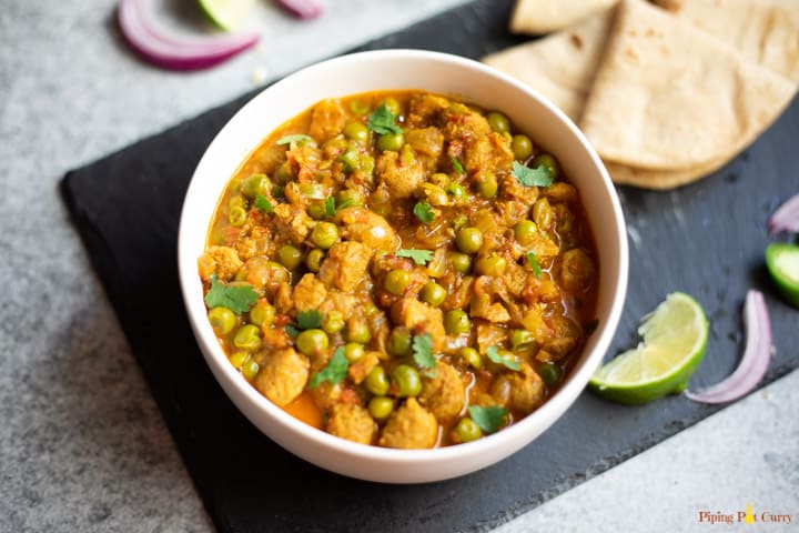 Soya Chunks Curry in a white bowl