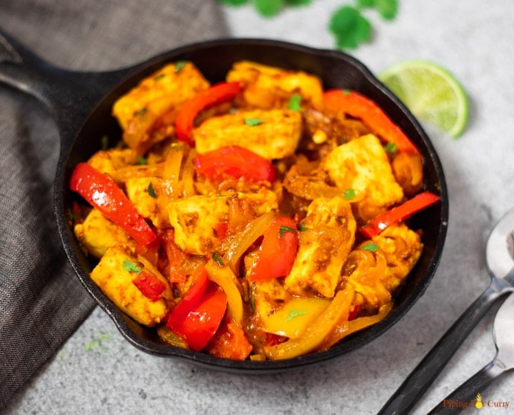 Paneer Jalfrezi curry with peppers in a pan