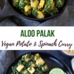 Aloo Palak in a pan and on a plate with roti