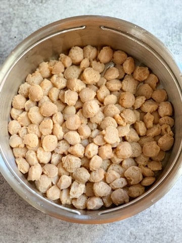 Softened soya chunks in a strainer