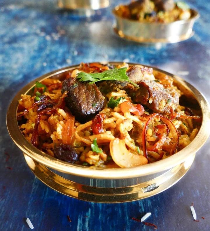 Lamb biryani in a bowl