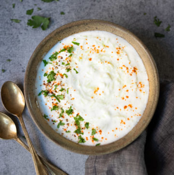 Yogurt with bottle gourd garnished with cilantro and red chili powder