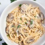 Mushroom pasta in a white bowl