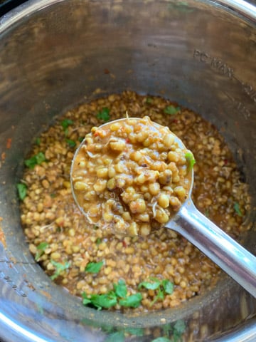 Sprouted lentils curry in a ladle on top of instant pot