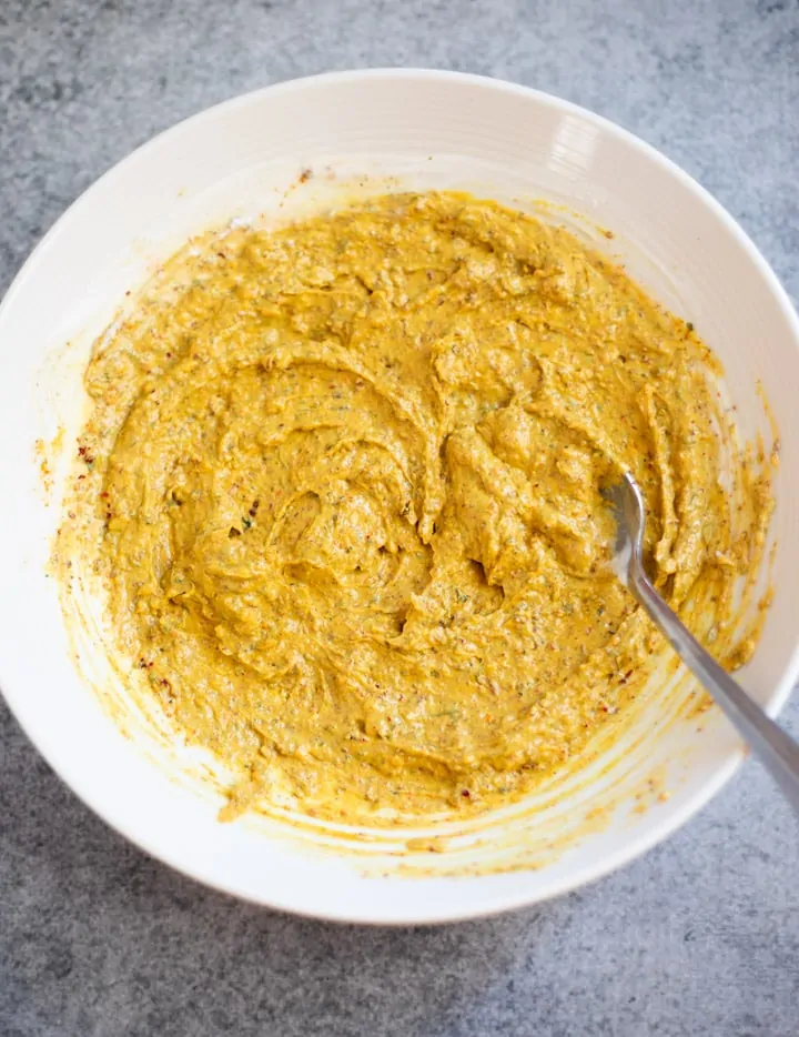 Marinade in a white bowl