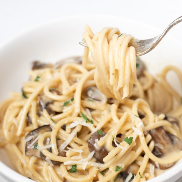 Spaghetti pasta with mushrooms in a fork and white bowl
