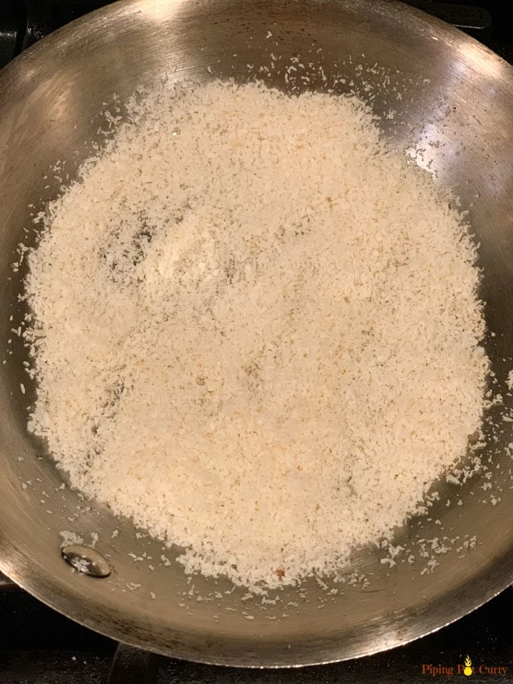 Roasting desiccated coconut in a pan