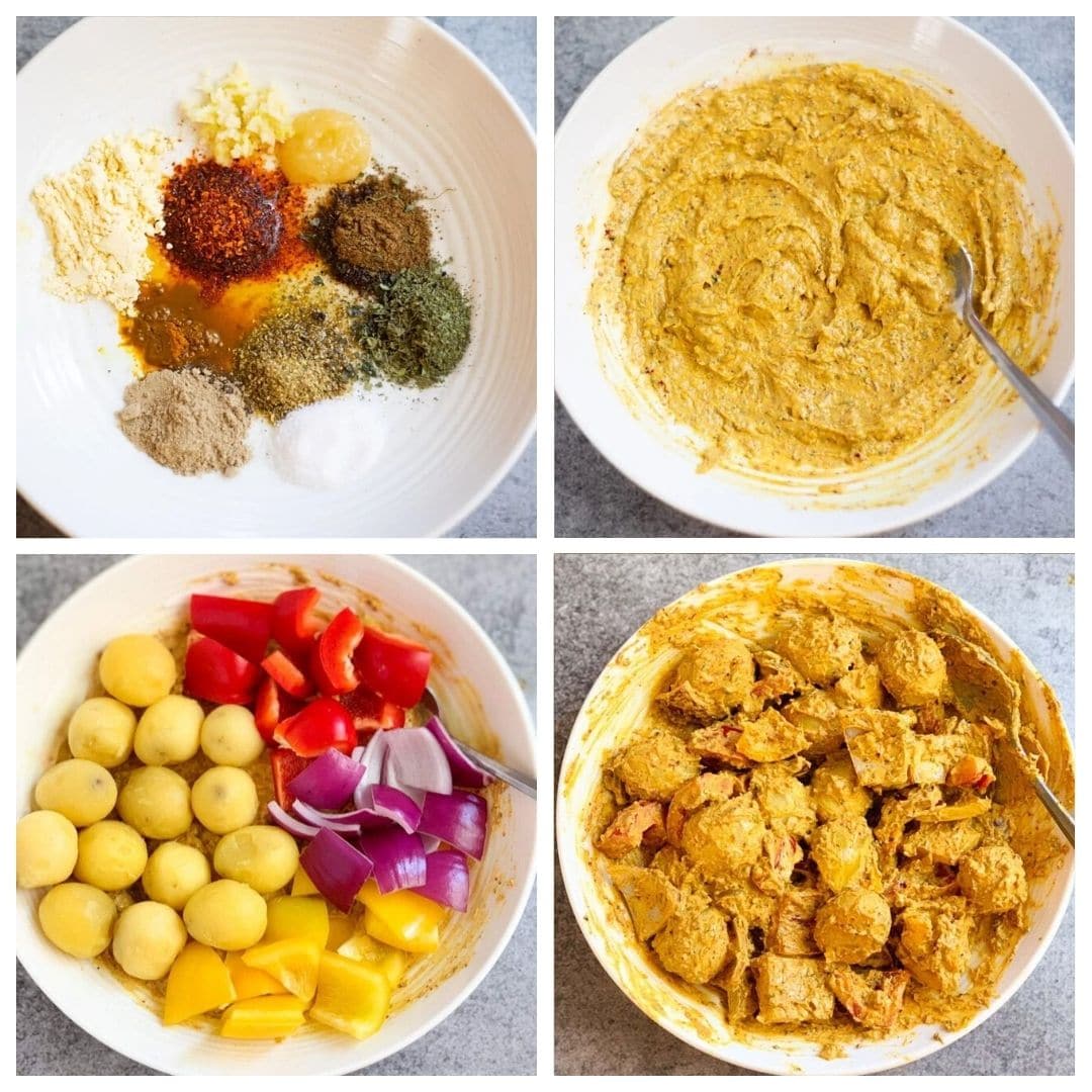 Steps to make aloo tikka in a bowl with lots of spices, yogurt and baby potatoes