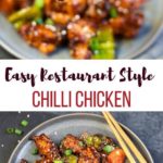 Easy Restaurant style Chilli Chicken in a plate and a pan