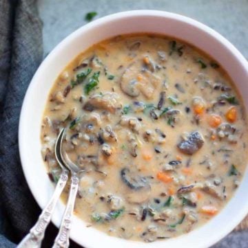 Mushroom wild rice soup in a white bowl