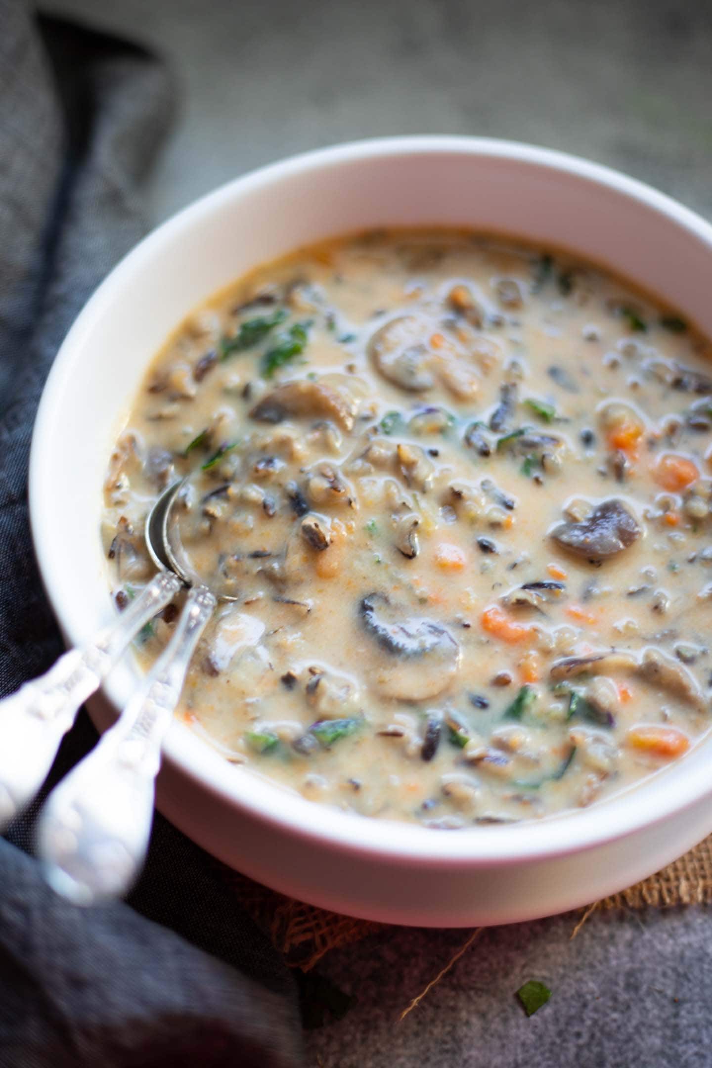 Mushroom Wild Rice Soup in a white bowl