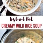 Instant Pot Wild Rice Soup in a white bowl and instant pot