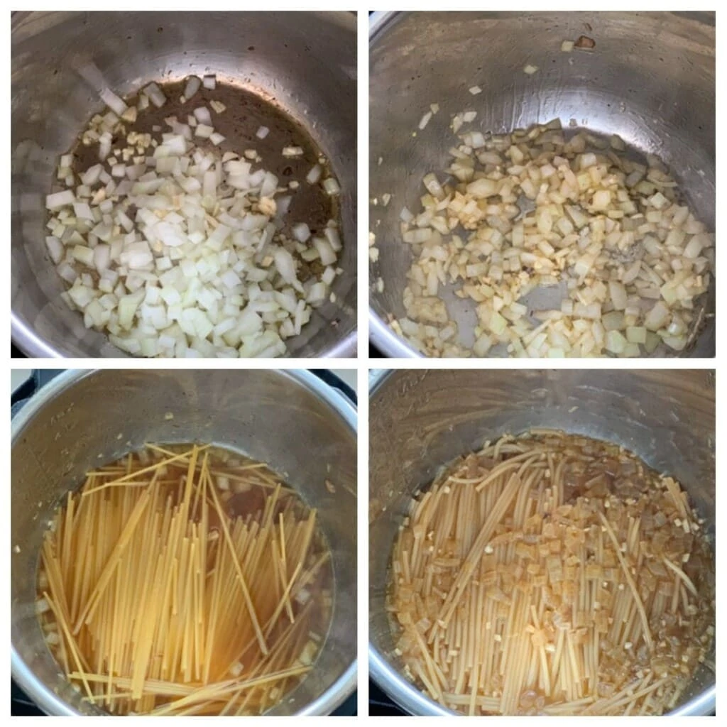 Spaghetti being cooked in the instant pot with onions and garlic 