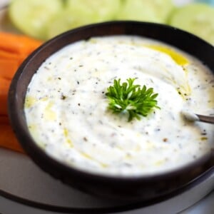 greek yogurt ranch dip garnished with parsley