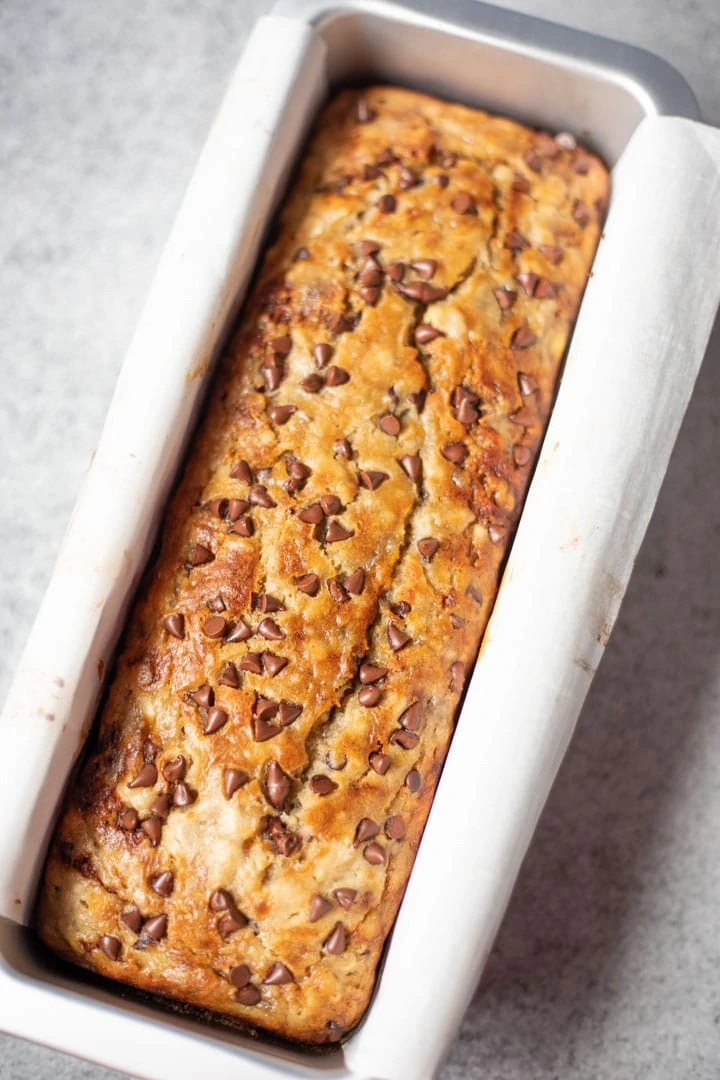 Banana Chocolate Chip Bread in a loaf pan 