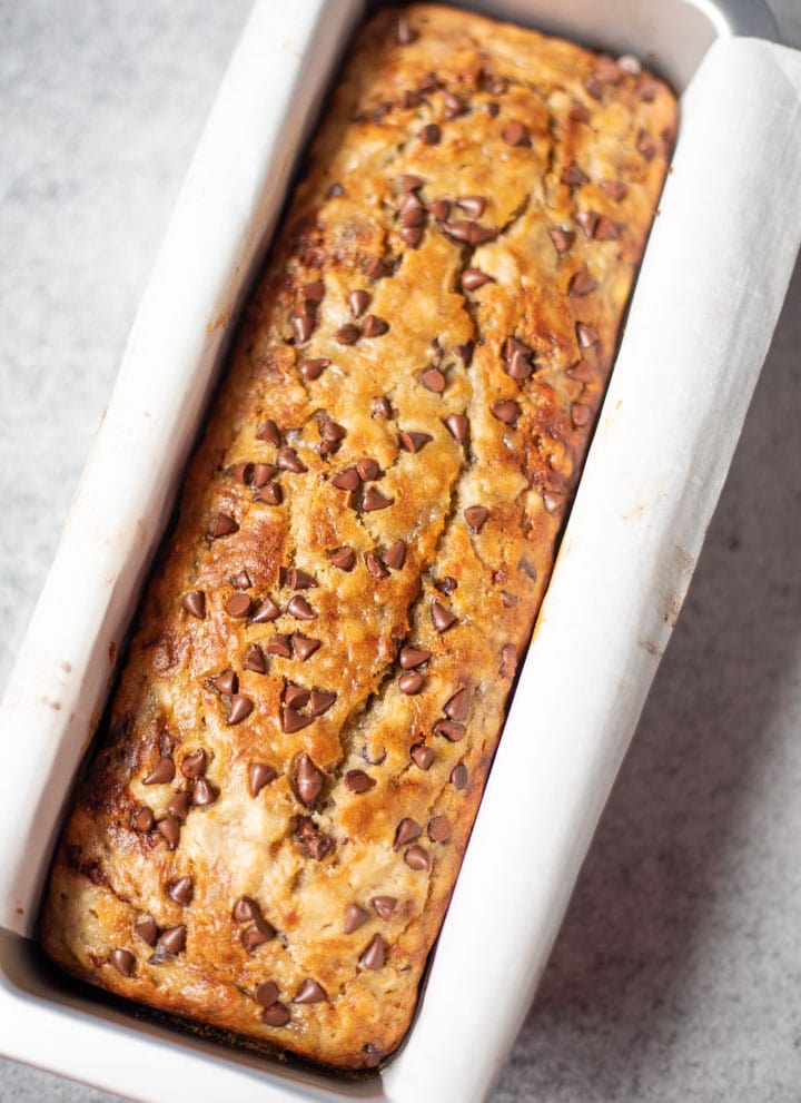 Banana Chocolate Chip Bread in a loaf pan