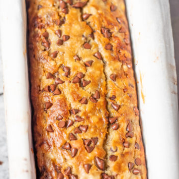 Baked bread with chocolate chips in a load pan