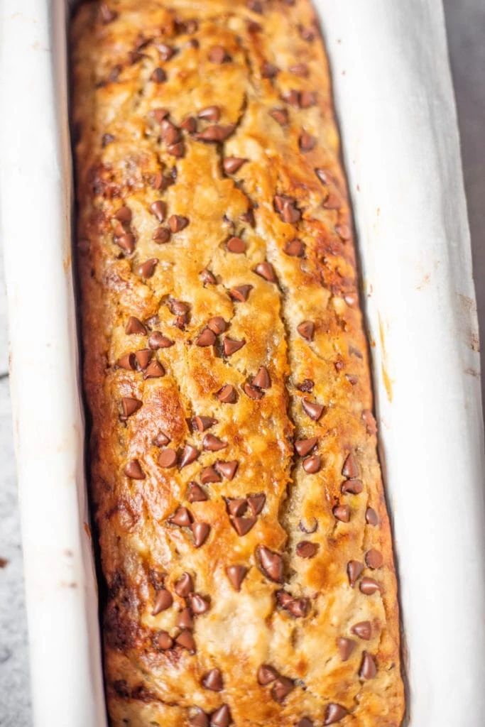 Baked bread with chocolate chips in a load pan